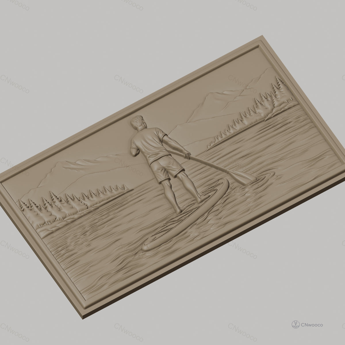 Fichier CNC & impression 3D paddle boarder sur lac avec montagnes et forêt, haute qualité relief STL