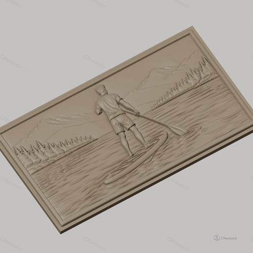 Fichier CNC & impression 3D paddle boarder sur lac avec montagnes et forêt, haute qualité relief STL