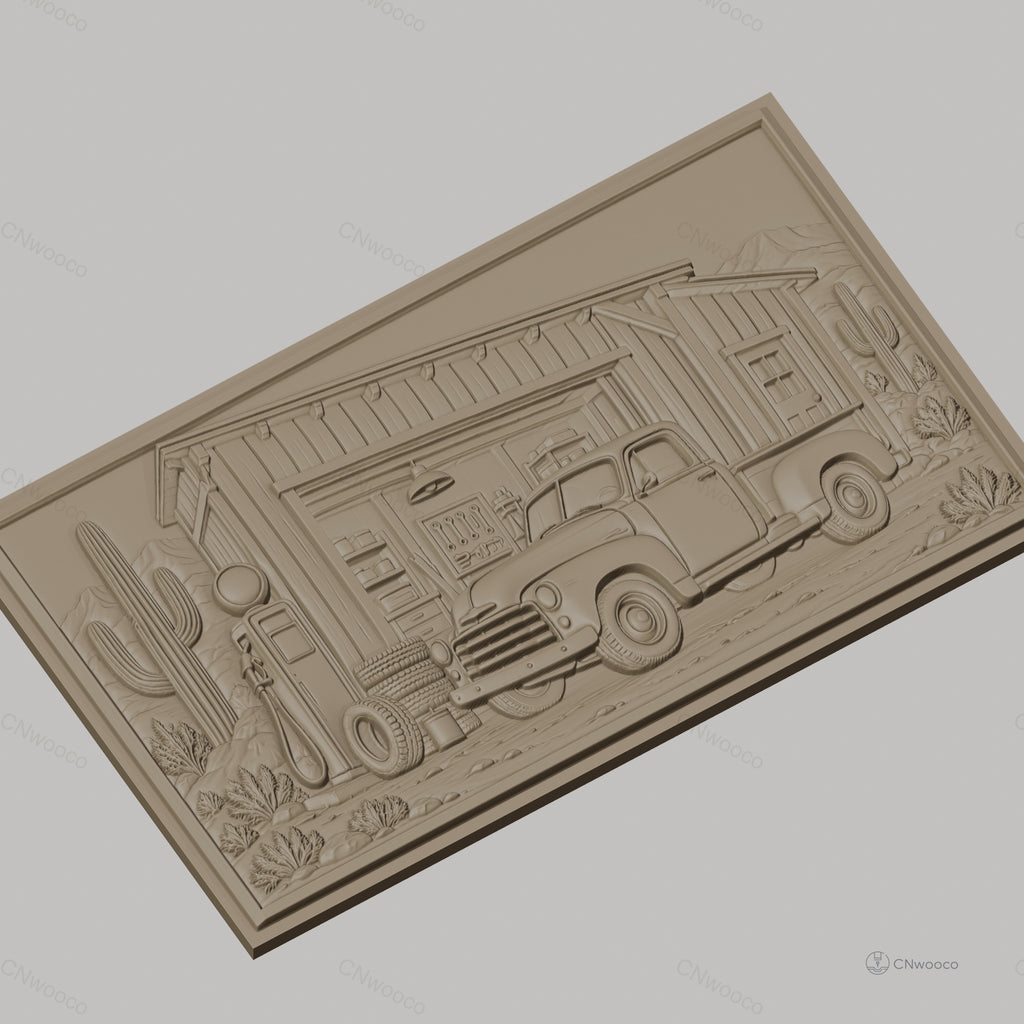 Fichier CNC & impression 3D ancienne camionnette devant garage désert cactus, haute qualité relief STL