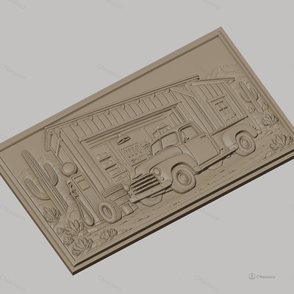Fichier CNC & impression 3D ancienne camionnette devant garage désert cactus, haute qualité relief STL