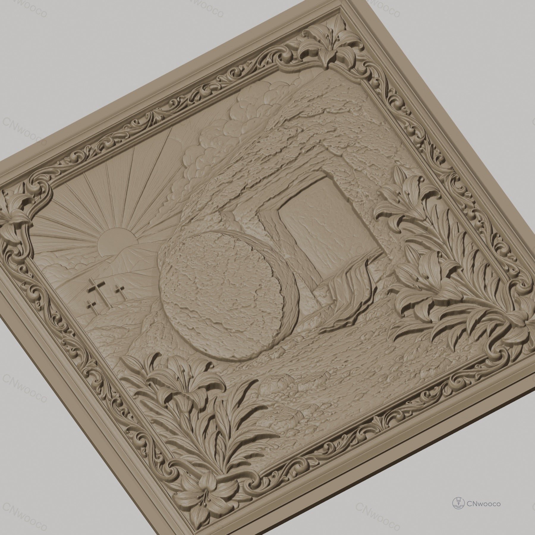 Fichier CNC & impression 3D tombeau vide de Jésus, croix et lys, haute qualité relief STL
