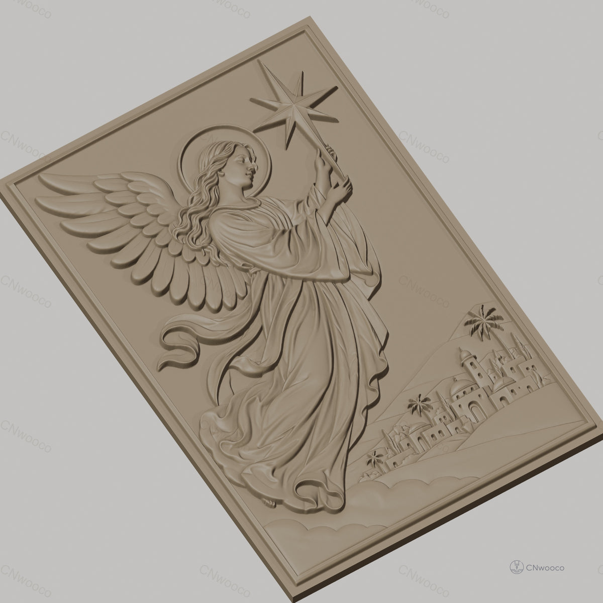 Fichier CNC & impression 3D ange avec étoile et village, haute qualité relief STL
