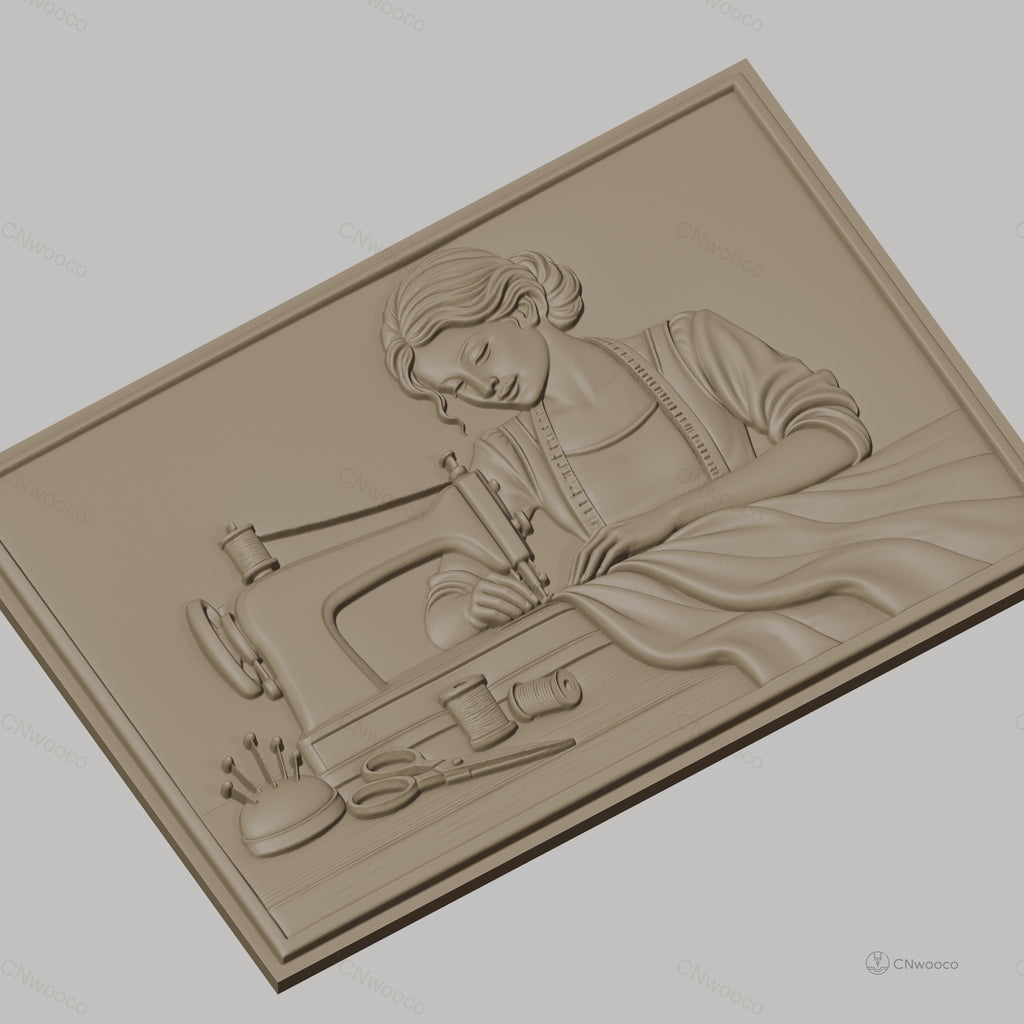 Fichier CNC & impression 3D couturière avec machine à coudre, tissus et accessoires, haute qualité relief STL