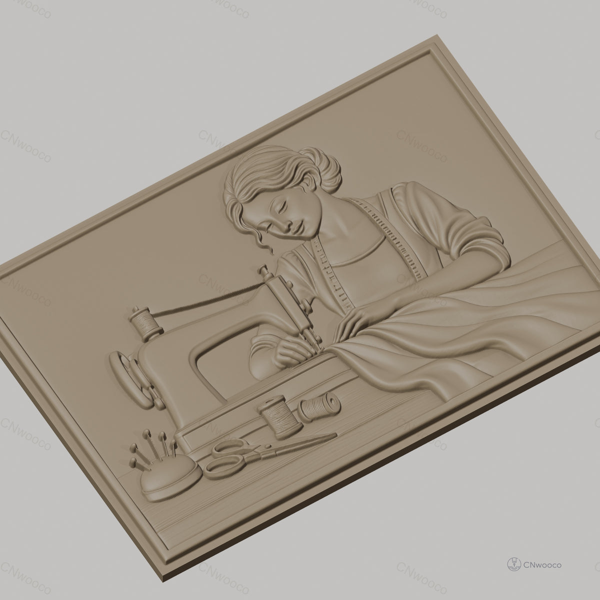 Fichier CNC & impression 3D couturière avec machine à coudre, tissus et accessoires, haute qualité relief STL
