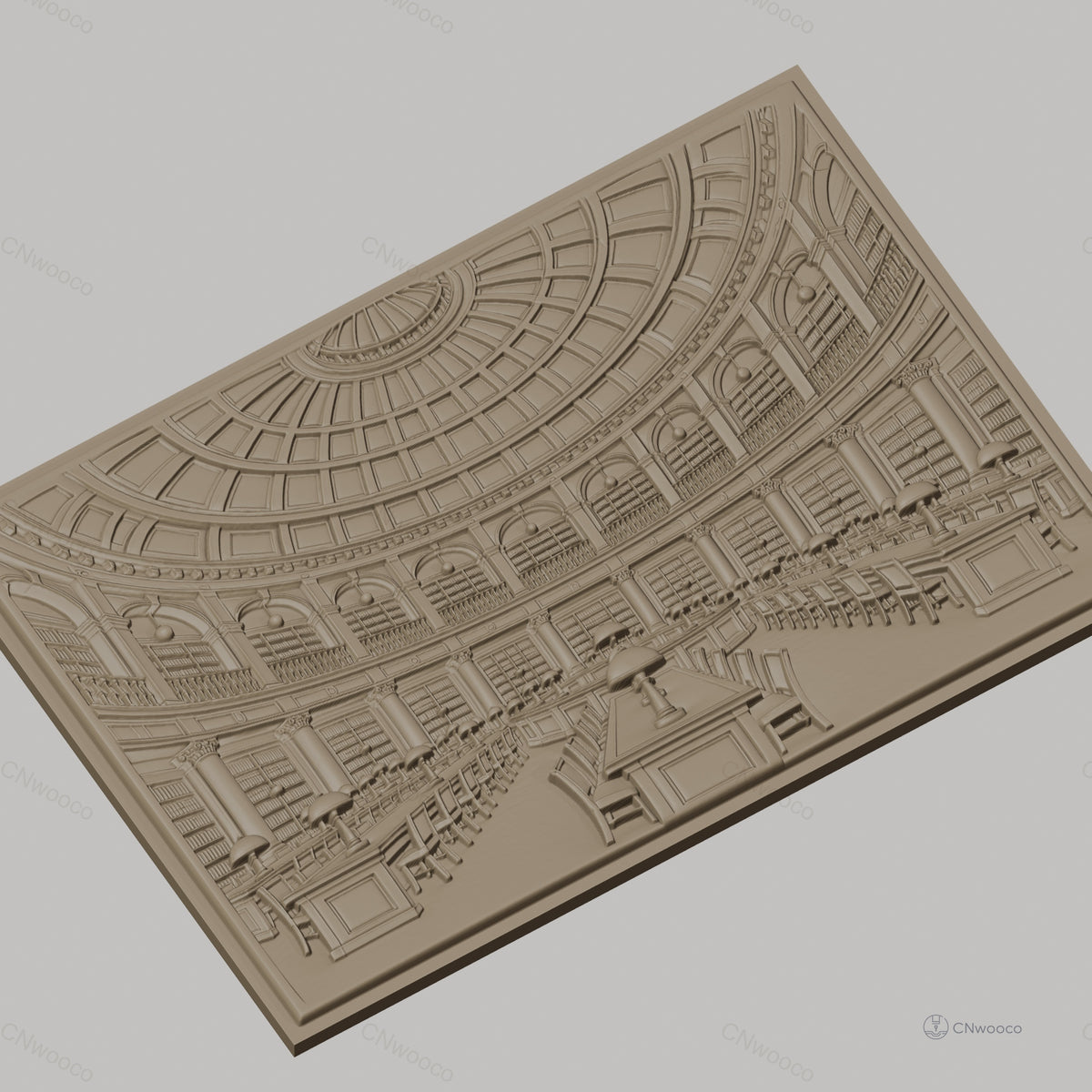 Fichier CNC & impression 3D bibliothèque classique, salle de lecture avec tables et lampes, haute qualité relief STL