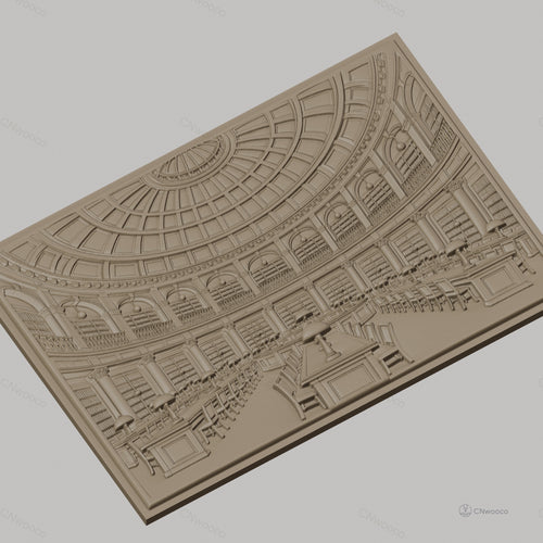 Fichier CNC & impression 3D bibliothèque classique, salle de lecture avec tables et lampes, haute qualité relief STL