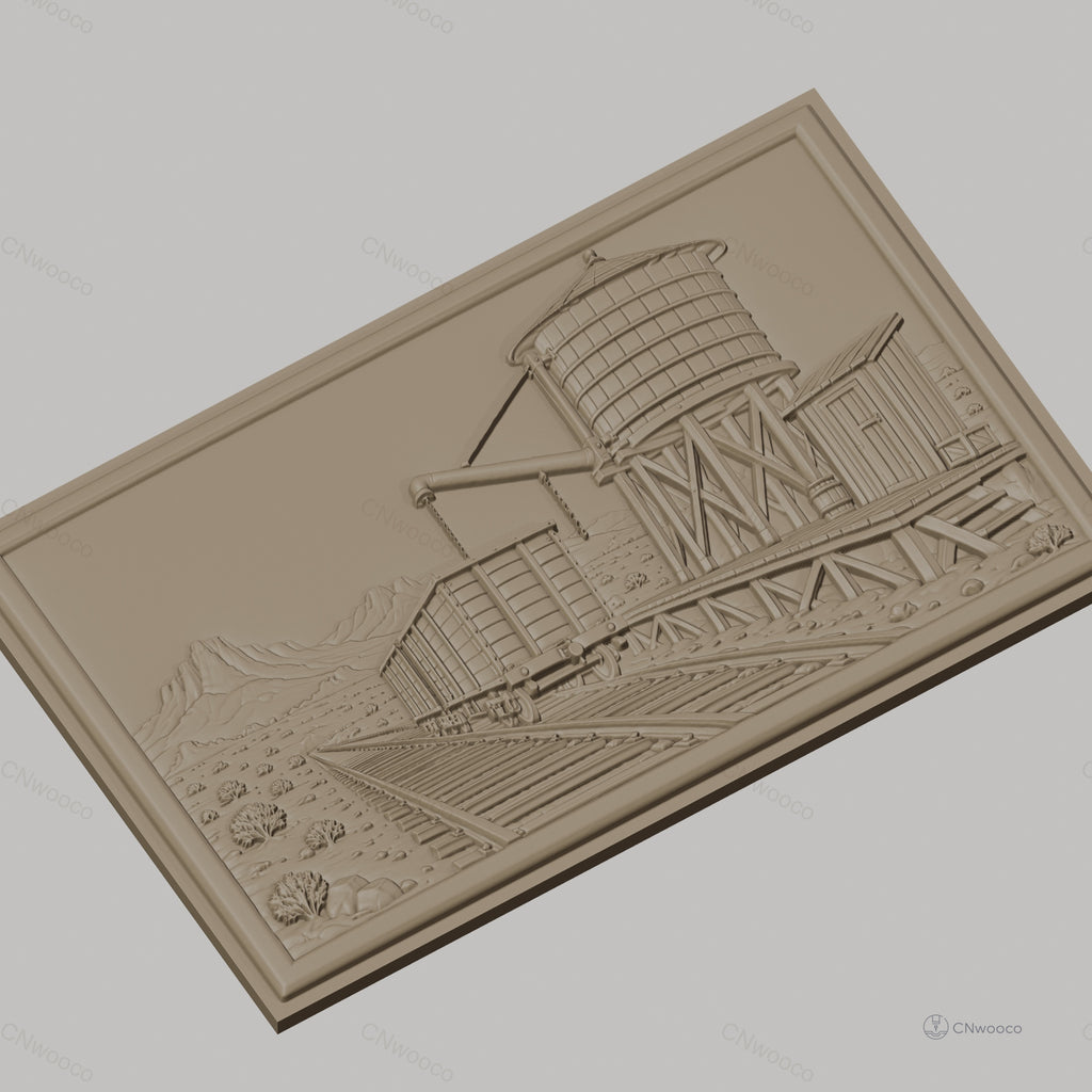 Fichier CNC & impression 3D scène ferroviaire avec wagon et réservoir d'eau, haute qualité relief STL