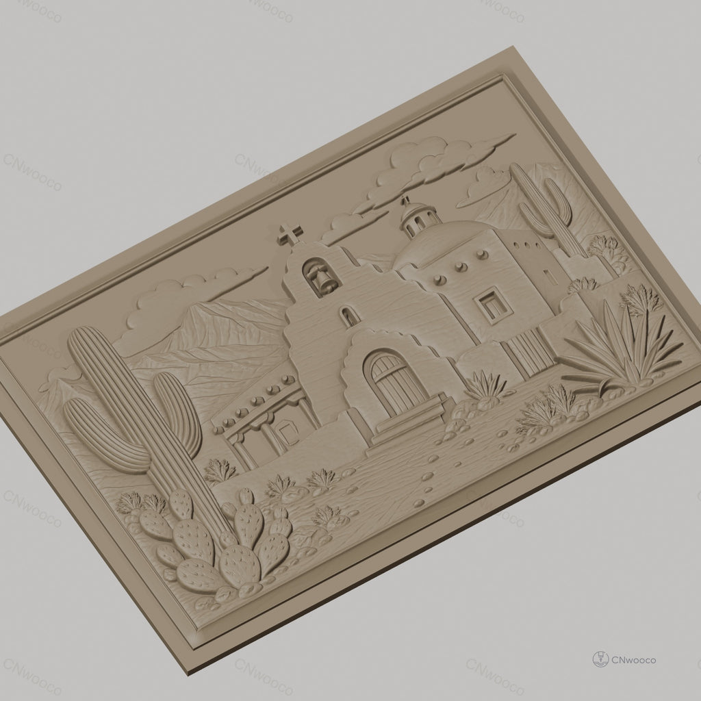 Fichier CNC & impression 3D relief de mission espagnole, cactus et montagne, haute qualité relief STL