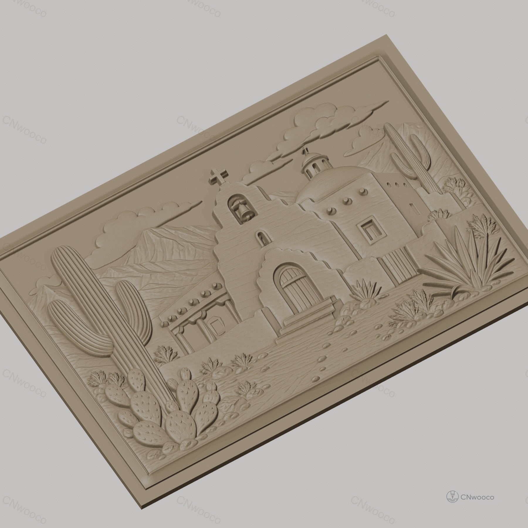 Fichier CNC & impression 3D relief de mission espagnole, cactus et montagne, haute qualité relief STL