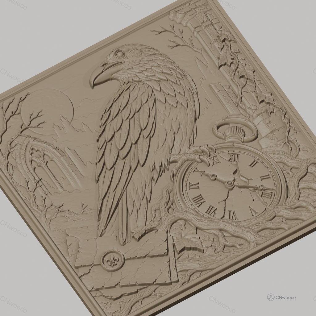 Fichier CNC & impression 3D corbeau, montre cassée, ruines gothiques, haute qualité relief STL