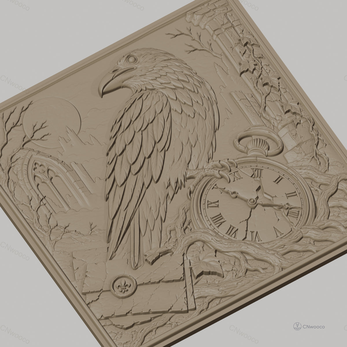 Fichier CNC & impression 3D corbeau, montre cassée, ruines gothiques, haute qualité relief STL