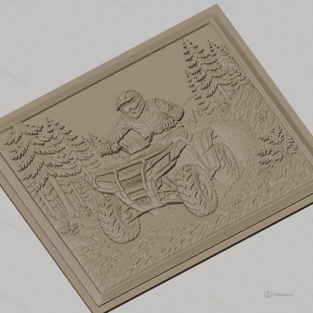 Fichier CNC & impression 3D quad ATV tout-terrain, pilote avec casque dans forêt détaillée, haute qualité relief STL