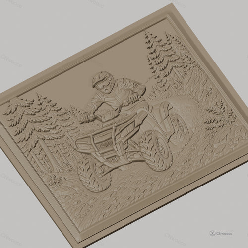 Fichier CNC & impression 3D quad ATV tout-terrain, pilote avec casque dans forêt détaillée, haute qualité relief STL