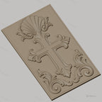Fichier CNC & impression 3D Croix décorative, motif coquillage et volutes, haute qualité relief STL