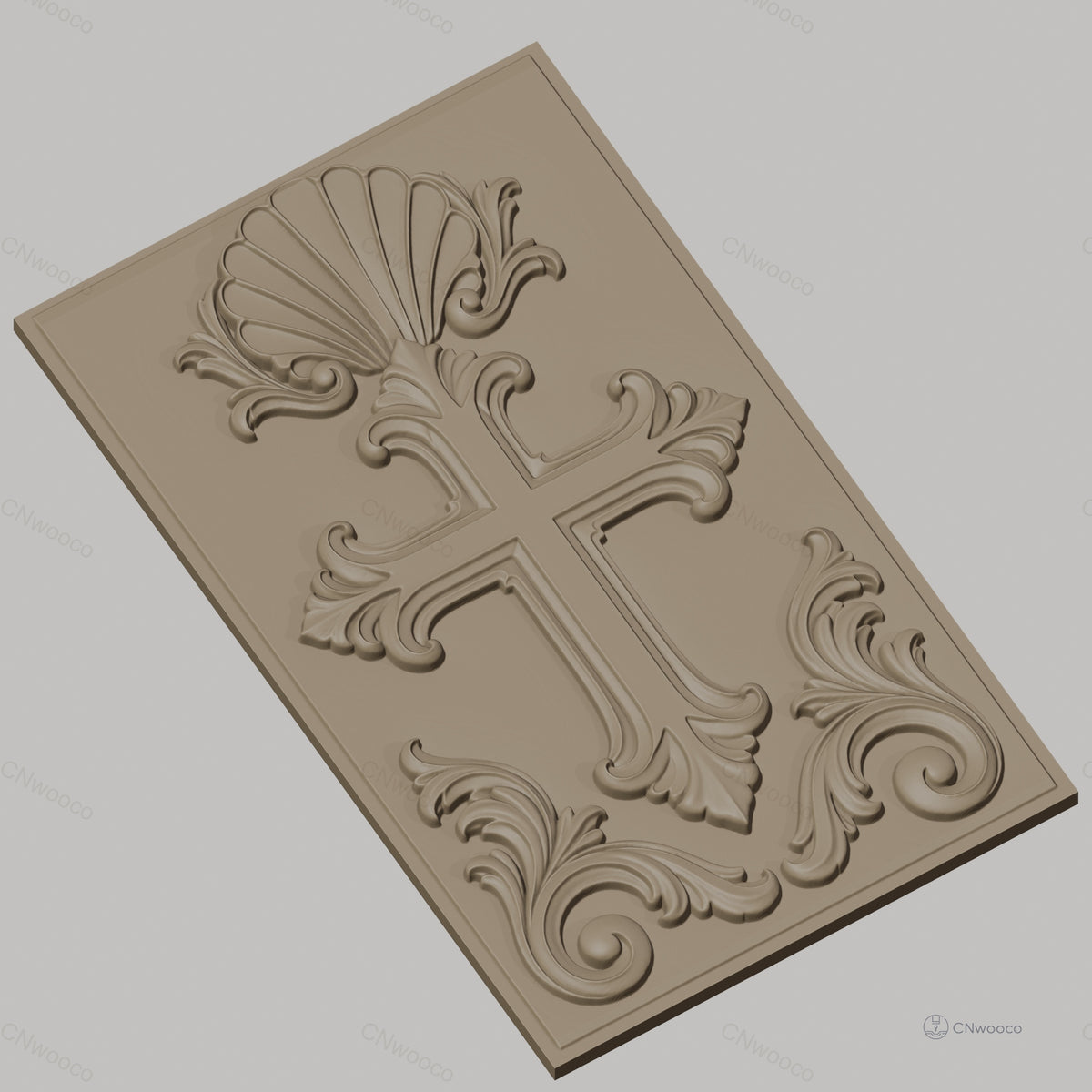 Fichier CNC & impression 3D Croix décorative, motif coquillage et volutes, haute qualité relief STL