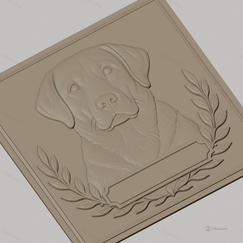 Fichier CNC & impression 3D chien labrador relief portrait, cadre feuille laurier, haute qualité relief STL