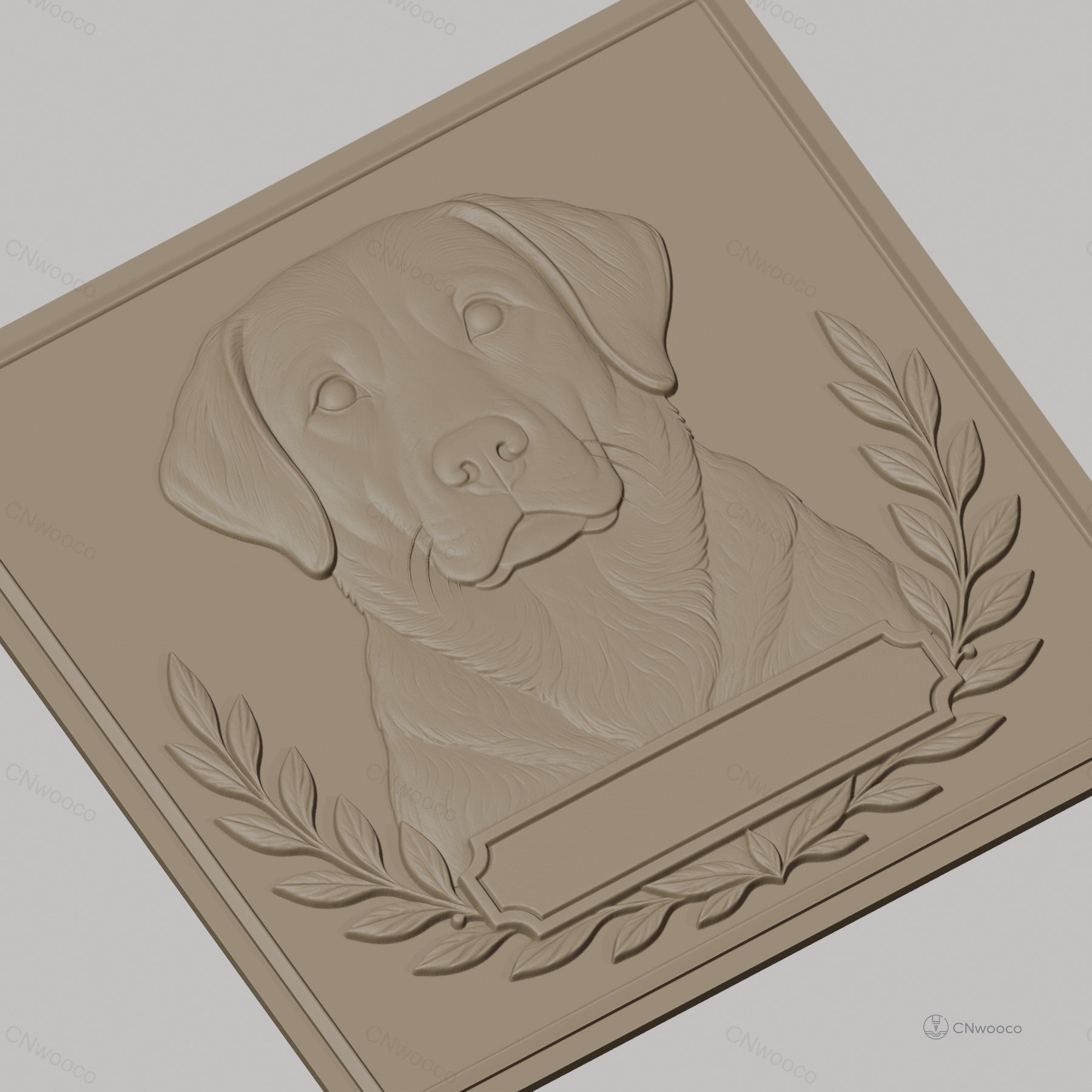 Fichier CNC & impression 3D chien labrador relief portrait, cadre feuille laurier, haute qualité relief STL