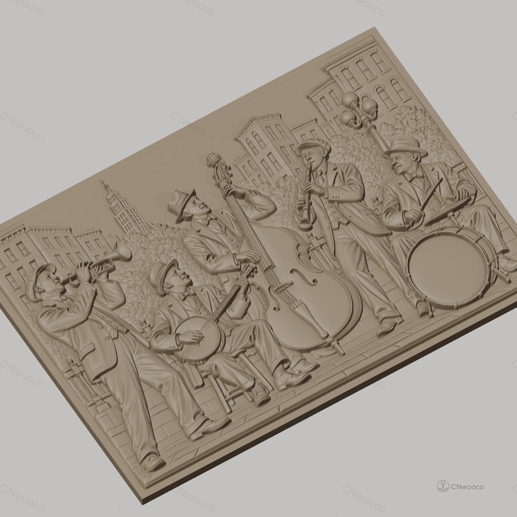 Fichier CNC & impression 3D groupe de jazz vintage, musiciens avec trompette, banjo, contrebasse, clarinette, batterie haute qualité relief STL