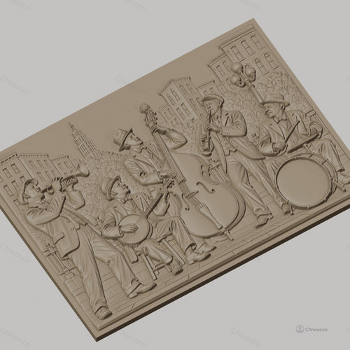 Fichier CNC & impression 3D groupe de jazz vintage, musiciens avec trompette, banjo, contrebasse, clarinette, batterie haute qualité relief STL