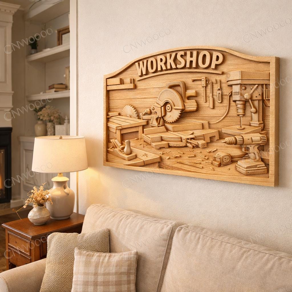 Fichier CNC panneau atelier Made in America – bas-relief bois pour sculpture CNC, décoration murale workshop STL