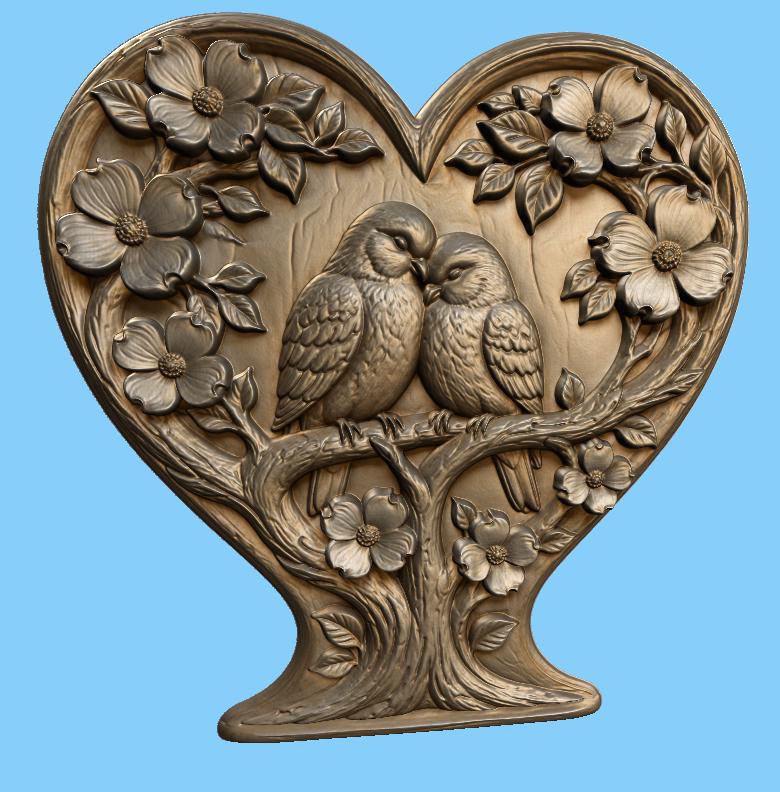 CNC & impression 3D oiseaux amoureux dans cœur floral, fichier STL très haute qualité