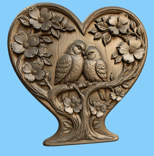 CNC & impression 3D oiseaux amoureux dans cœur floral, fichier STL très haute qualité