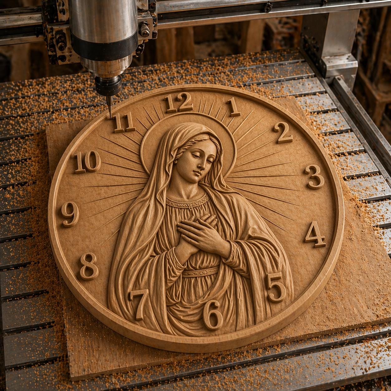 Fichier CNC horloge chrétienne – bas-relief religieux pour sculpture bois, décoration murale église STL