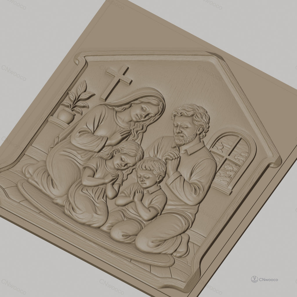 Fichier CNC & impression 3D famille en prière chrétienne, scène religieuse avec croix et enfants, haute qualité relief STL