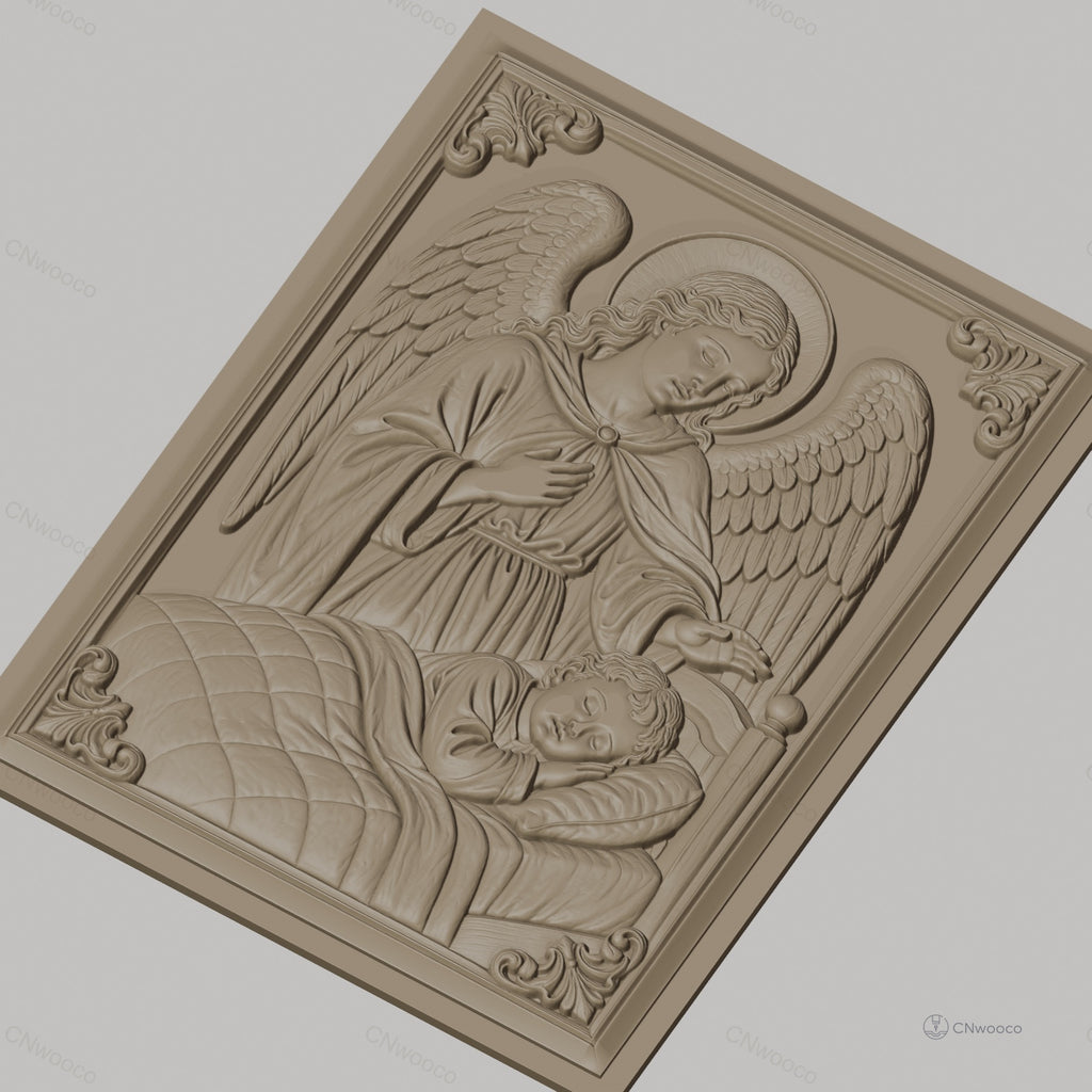 Fichier CNC & impression 3D ange gardien avec enfant, scène religieuse de protection, haute qualité relief STL