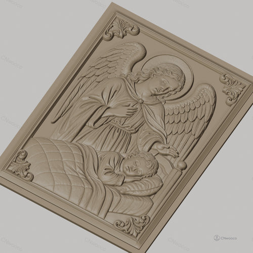 Fichier CNC & impression 3D ange gardien avec enfant, scène religieuse de protection, haute qualité relief STL