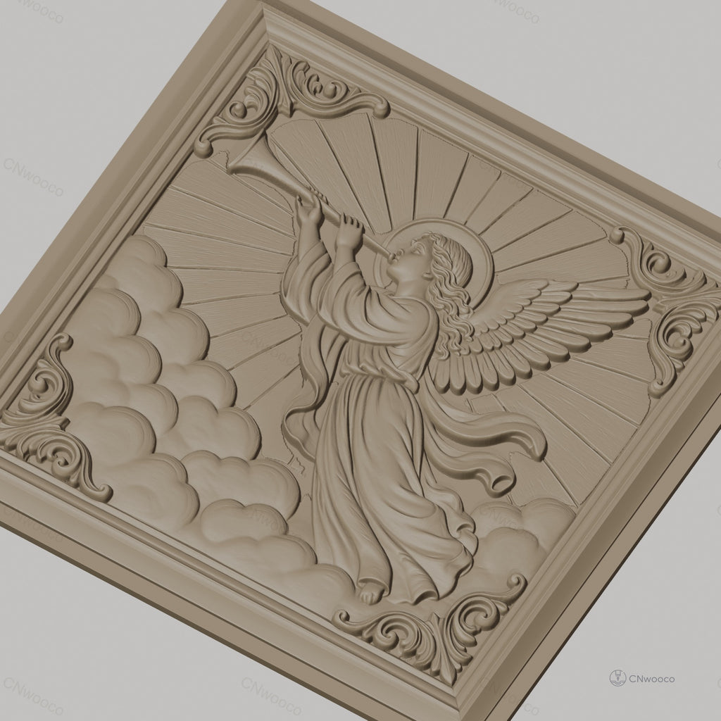 Fichier CNC & impression 3D ange trompettiste, nuages et rayons célestes, haute qualité relief STL