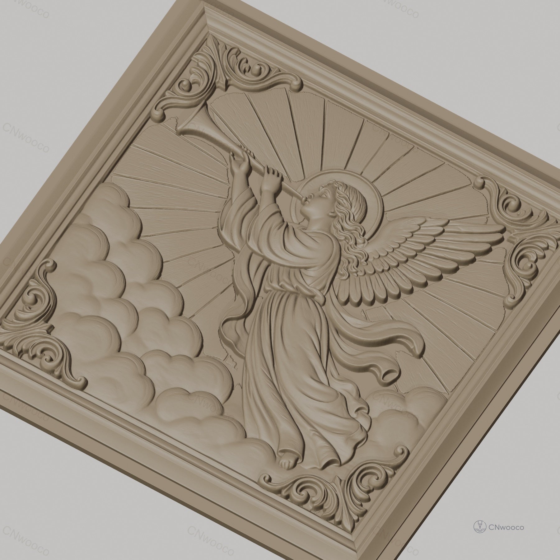 Fichier CNC & impression 3D ange trompettiste, nuages et rayons célestes, haute qualité relief STL