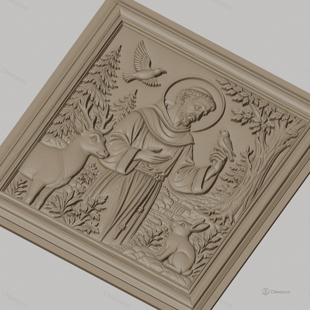 Fichier CNC & impression 3D saint François avec animaux, cerf oiseaux et lapin, haute qualité relief STL