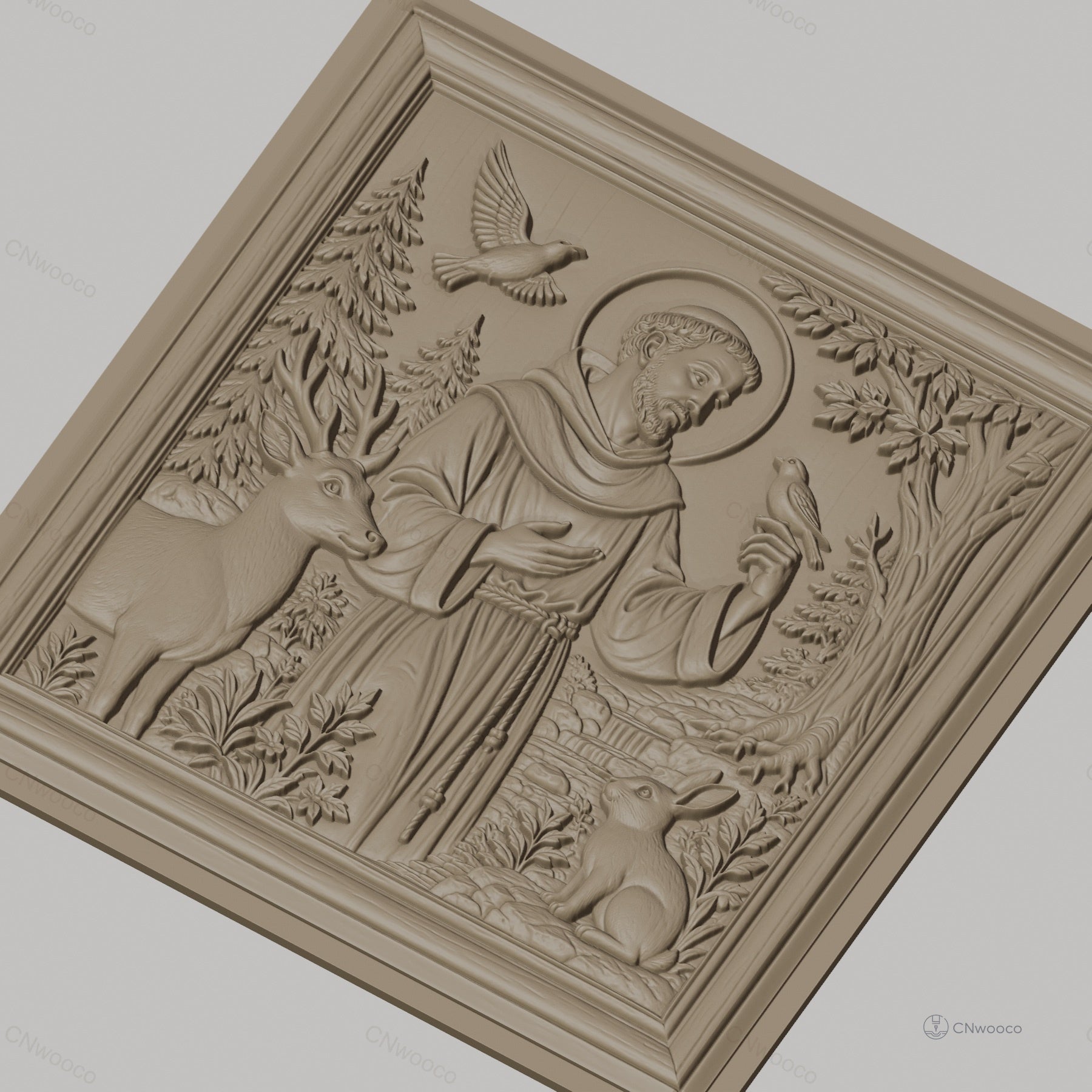 Fichier CNC & impression 3D saint François avec animaux, cerf oiseaux et lapin, haute qualité relief STL