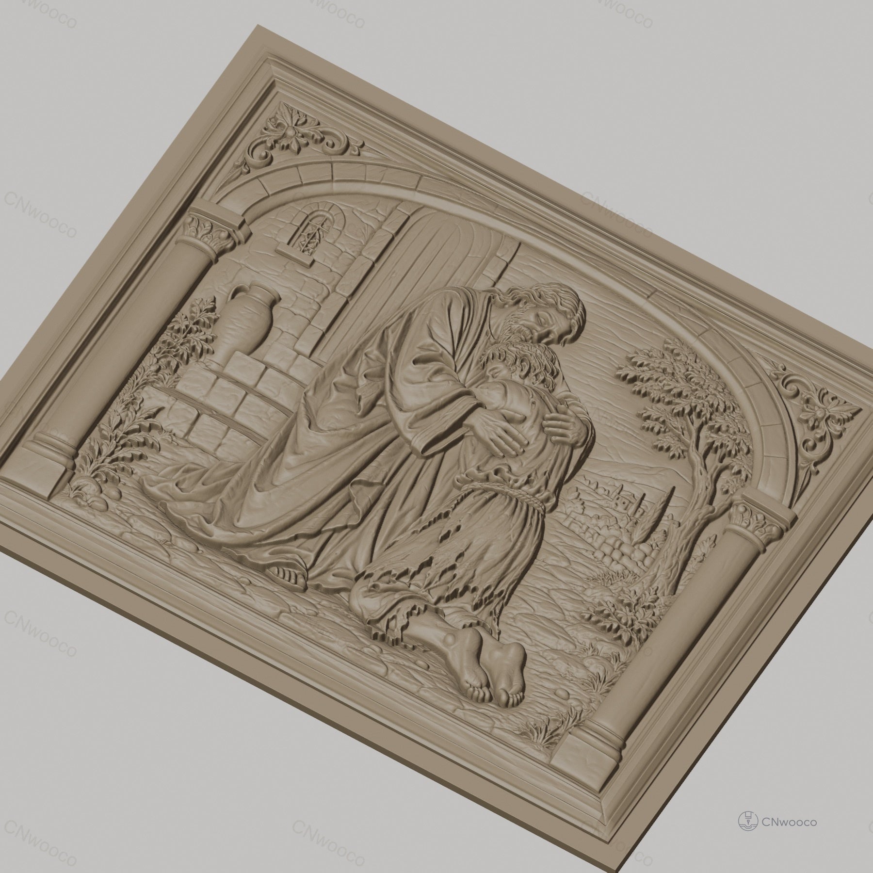 Fichier CNC & impression 3D père miséricordieux, scène biblique d’étreinte et pardon, haute qualité relief STL