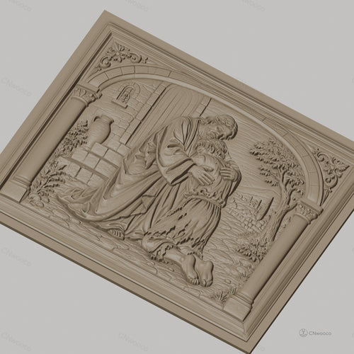 Fichier CNC & impression 3D père miséricordieux, scène biblique d’étreinte et pardon, haute qualité relief STL