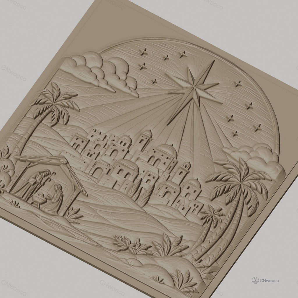 Fichier CNC & impression 3D scène de la nativité, étoile et village biblique, haute qualité relief STL