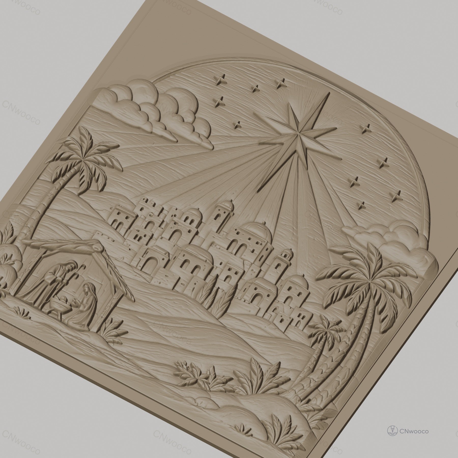 Fichier CNC & impression 3D scène de la nativité, étoile et village biblique, haute qualité relief STL