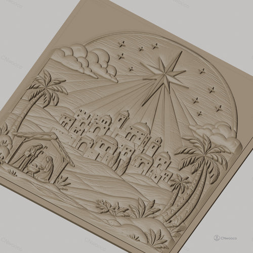 Fichier CNC & impression 3D scène de la nativité, étoile et village biblique, haute qualité relief STL