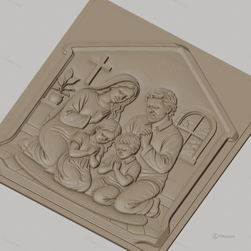 Fichier CNC & impression 3D famille en prière chrétienne, scène religieuse avec croix et enfants, haute qualité relief STL
