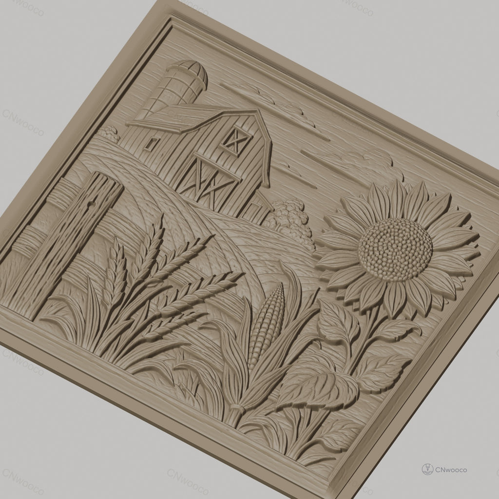 Fichier CNC & impression 3D ferme rustique, grange tournesol maïs et blé, haute qualité relief STL