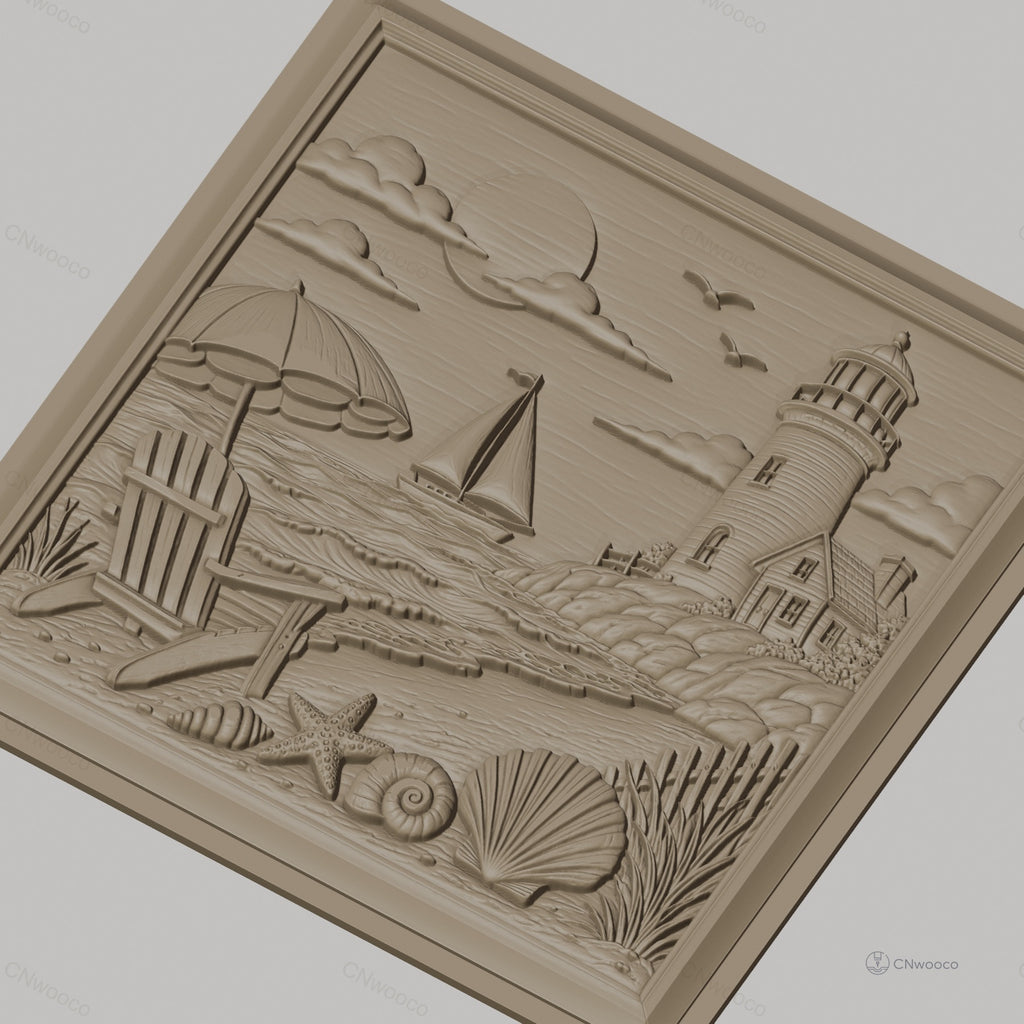 Fichier CNC & impression 3D scène de plage, phare voilier coquillages et chaise, haute qualité relief STL