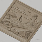 Fichier CNC & impression 3D scène de plage, phare voilier coquillages et chaise, haute qualité relief STL
