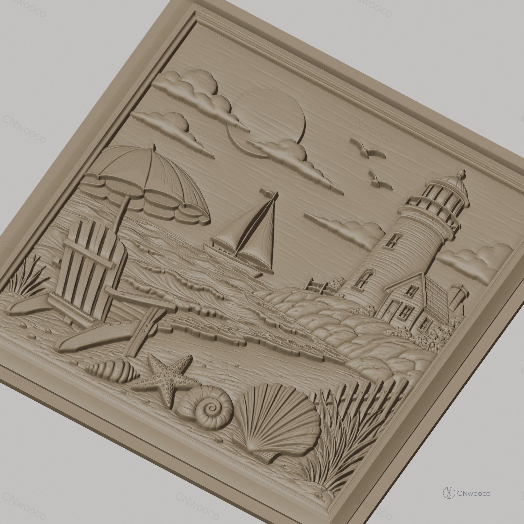 Fichier CNC & impression 3D scène de plage, phare voilier coquillages et chaise, haute qualité relief STL
