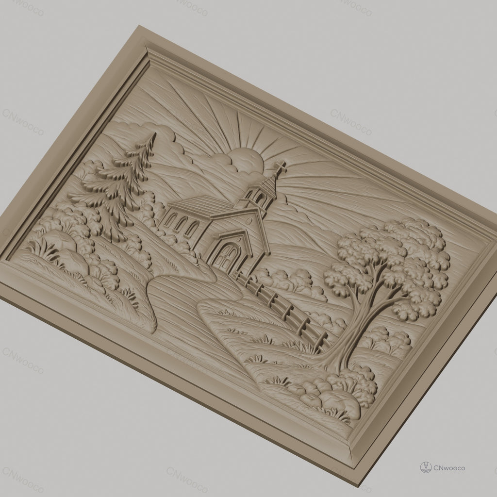 Fichier CNC & impression 3D église de campagne, paysage religieux avec soleil et arbres, haute qualité relief STL