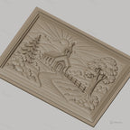 Fichier CNC & impression 3D église de campagne, paysage religieux avec soleil et arbres, haute qualité relief STL