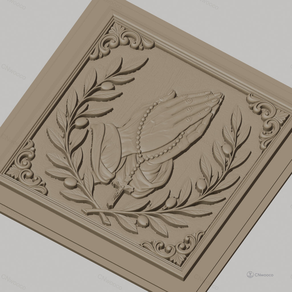Fichier CNC & impression 3D mains en prière, chapelet et branches d’olivier, haute qualité relief STL