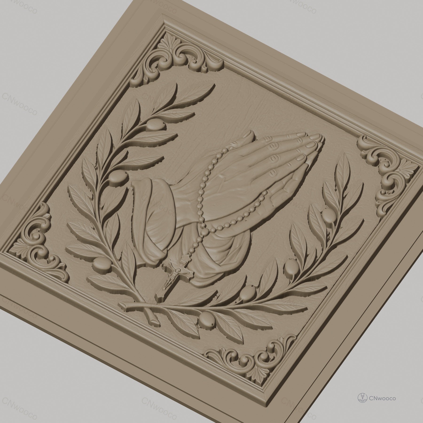 Fichier CNC & impression 3D mains en prière, chapelet et branches d’olivier, haute qualité relief STL