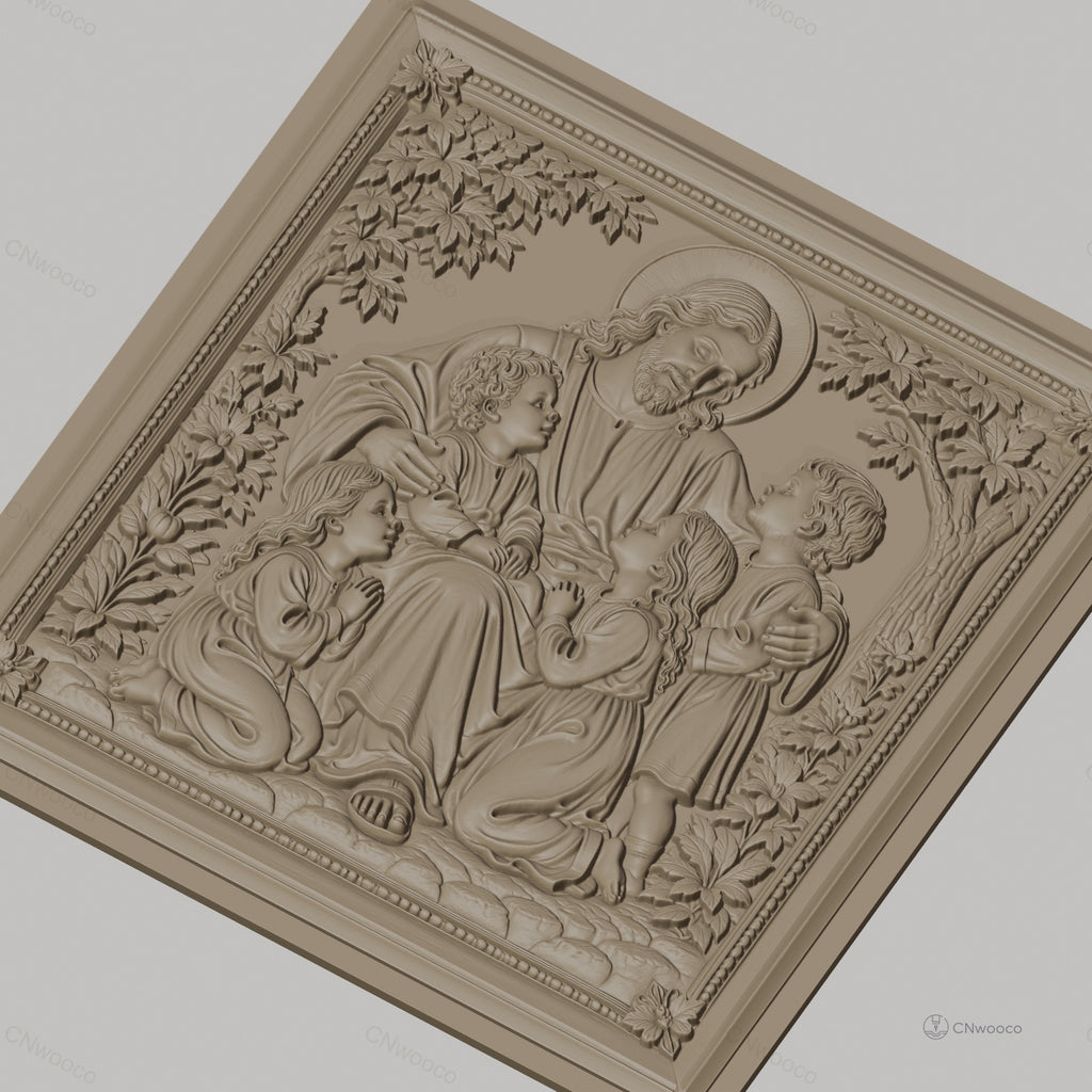 Fichier CNC & impression 3D Jésus avec enfants, scène religieuse florale, haute qualité relief STL