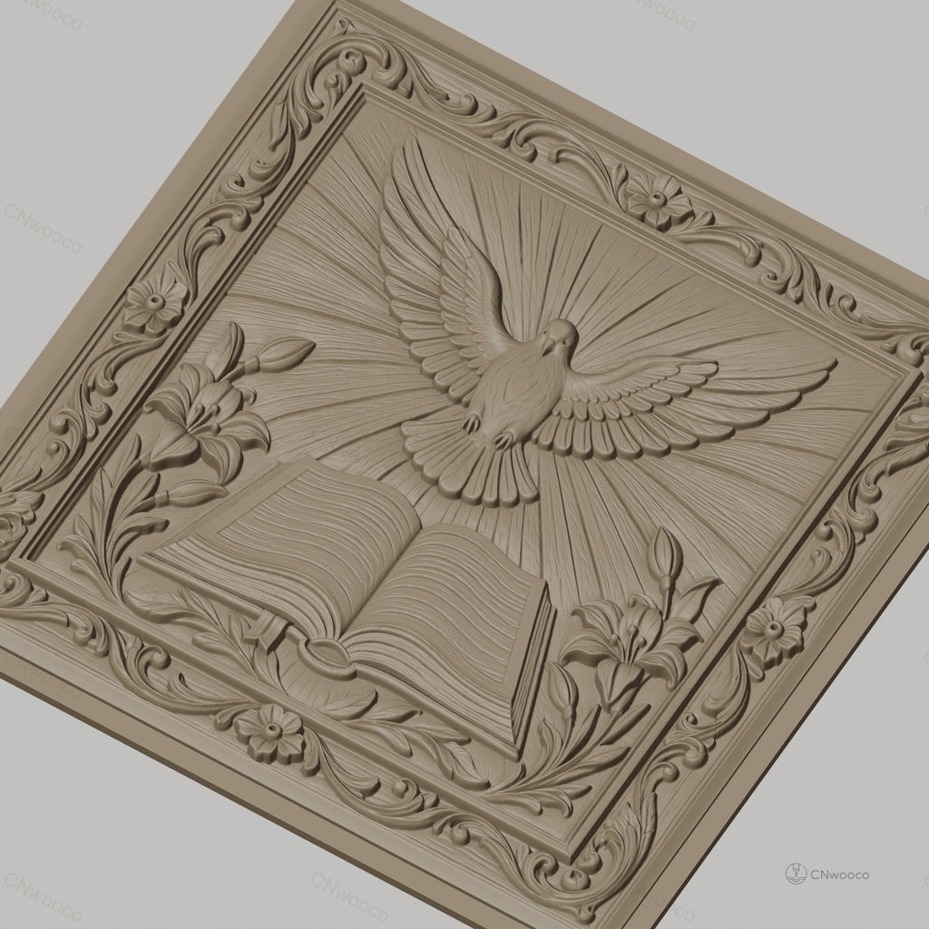 Fichier CNC & impression 3D colombe sacrée, livre ouvert fleurs et cadre ornemental, haute qualité relief STL